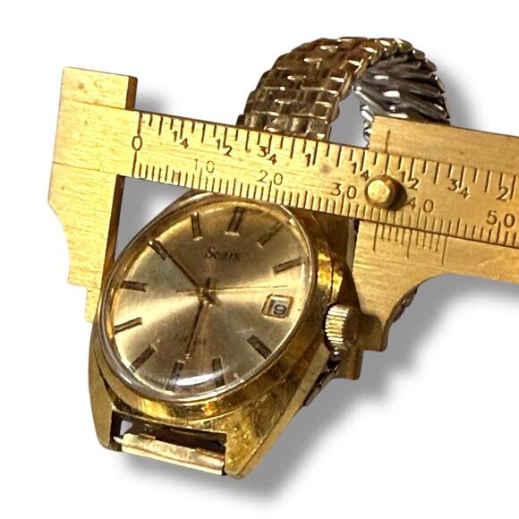 VTG Sears & Roebuck Co Watch Mens Gold Tone Manual Wind Stretch Bracelet WORKS - Picture 9 of 9